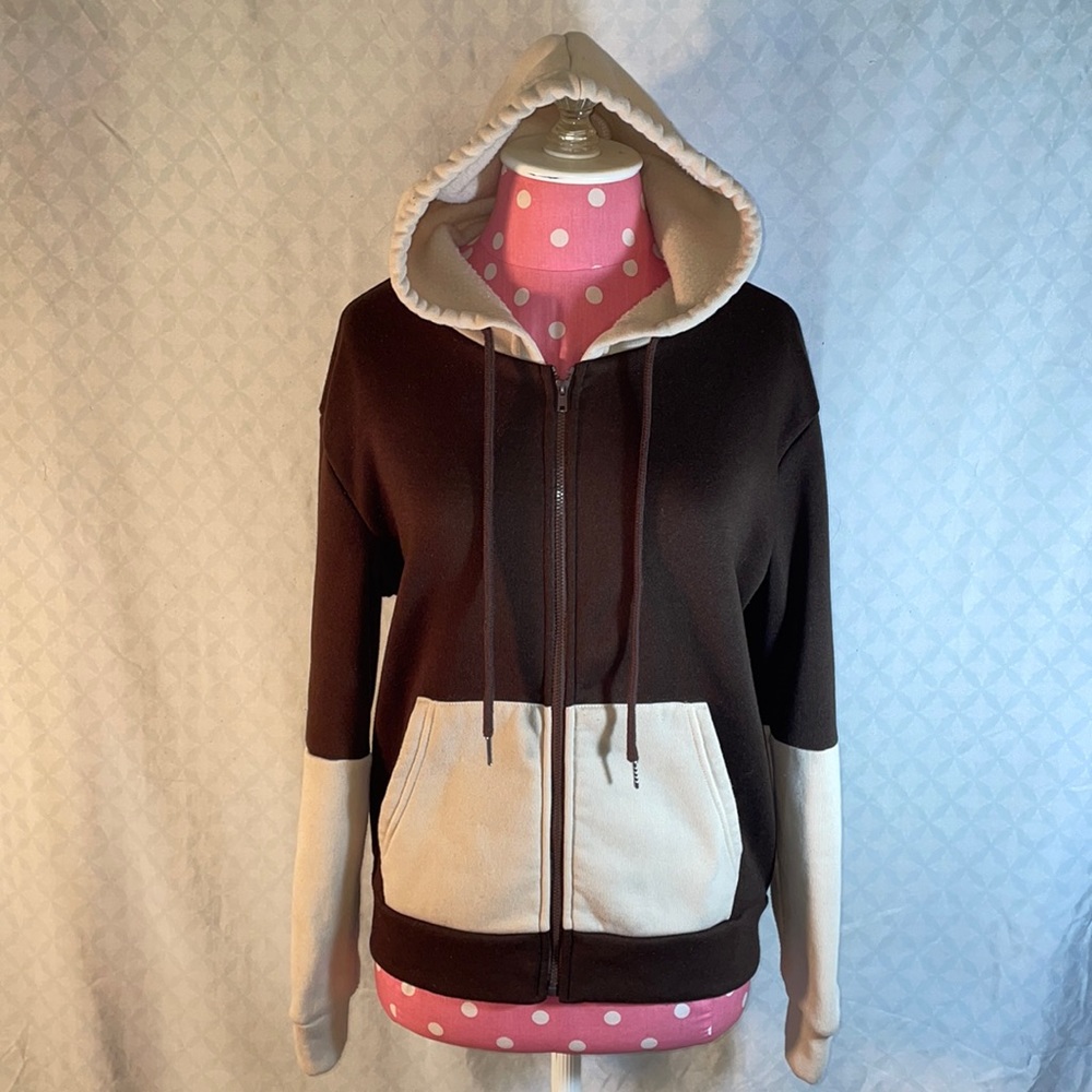 SHEIN Sz XS/US 2/EU 34 brwn/cream hoodie w 2 pockets